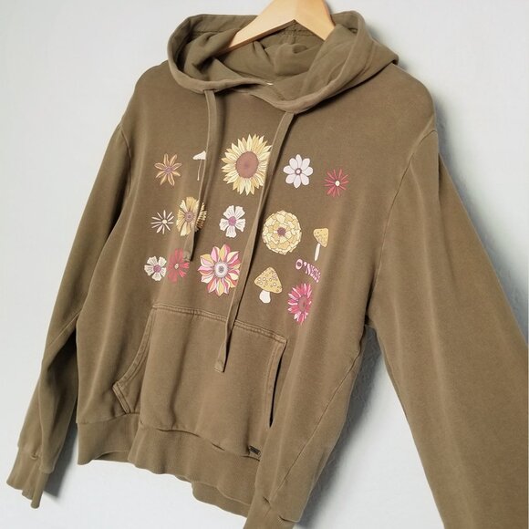 O'Niell Offshore Cotton Fleece Graphic Hoodie M Olive Green Mushroom Flower Boho - Picture 9 of 16